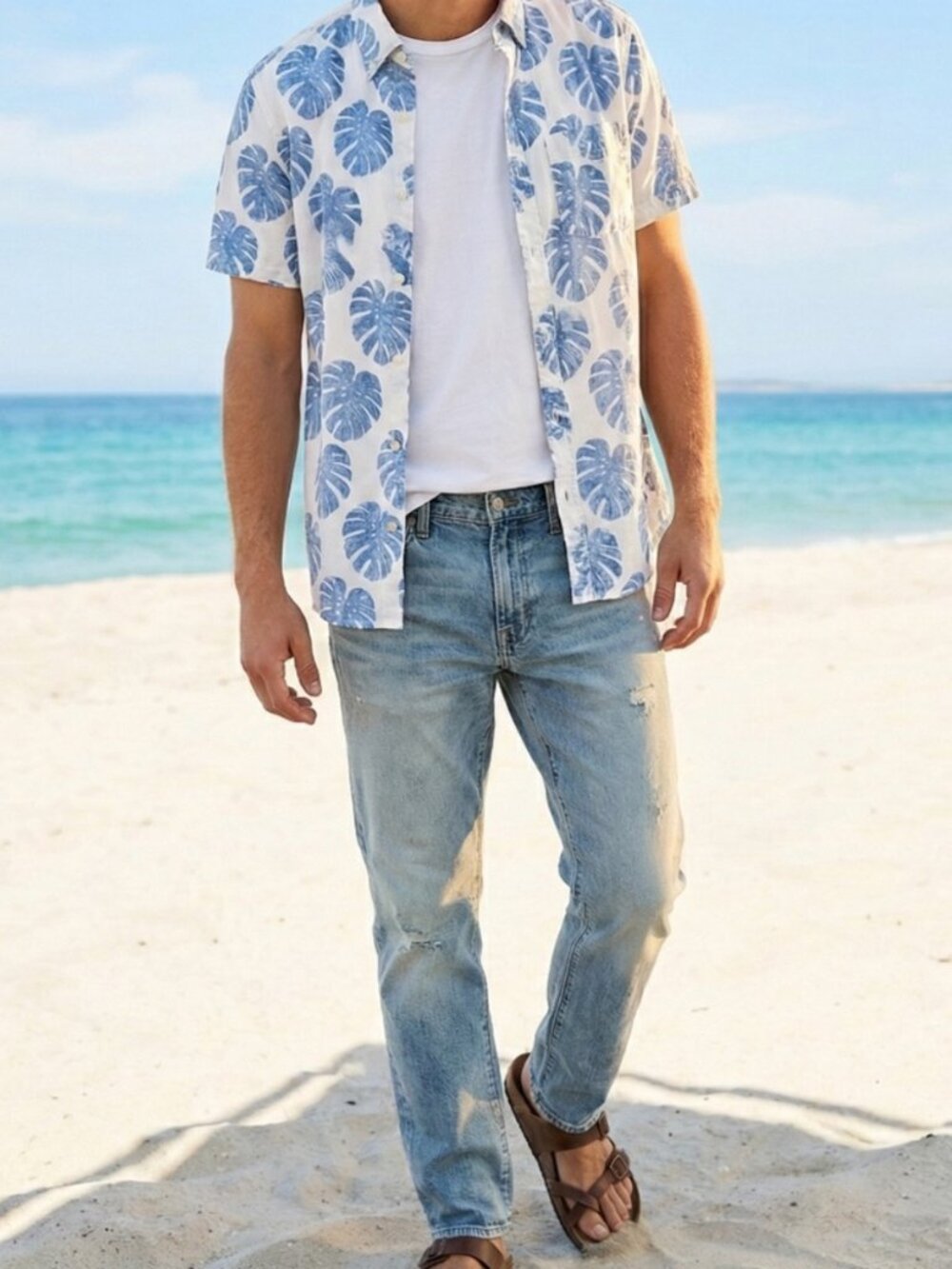 American Eagle Men's Shirt Tropical Leaf Print Button Down White Blue Size 2XL